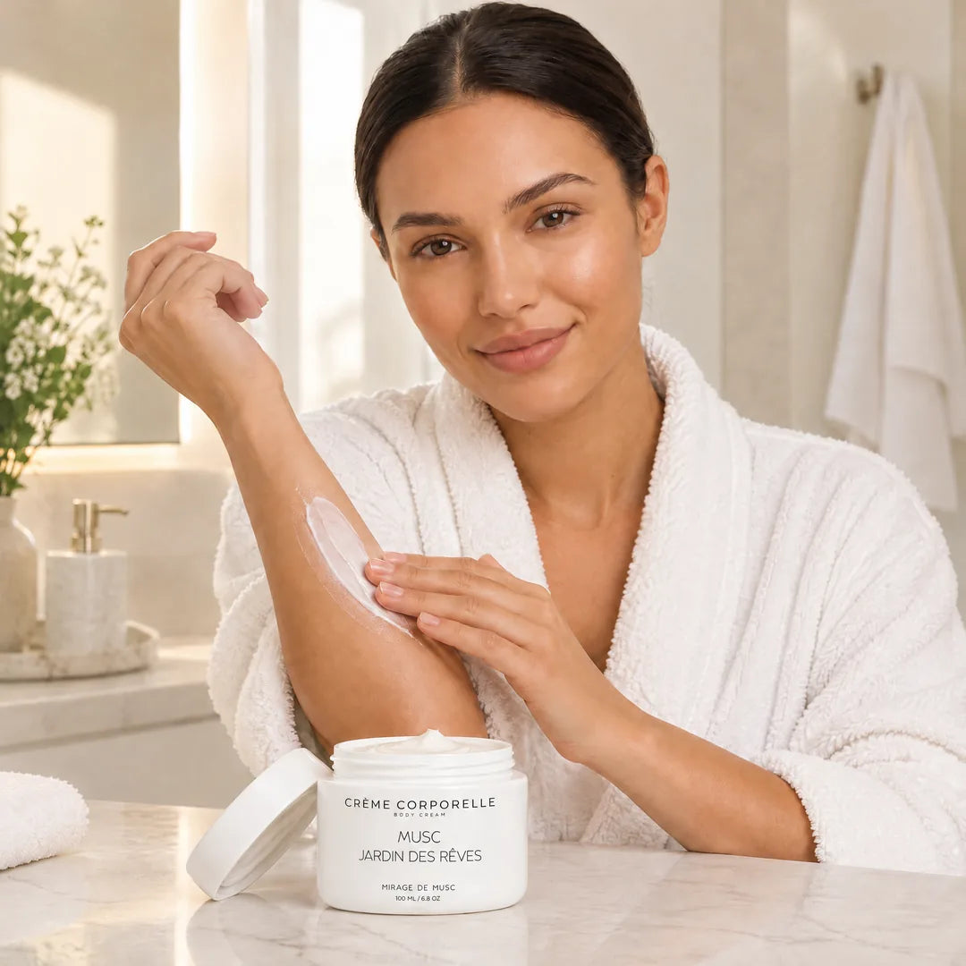 La crème Jardin des Rêves appliquée sur la peau